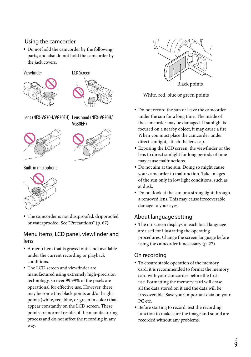 Using the camcorder, Menu items, lcd panel, viewfinder and lens, About language setting | On recording | Sony NEX-VG30H User Manual | Page 9 / 155