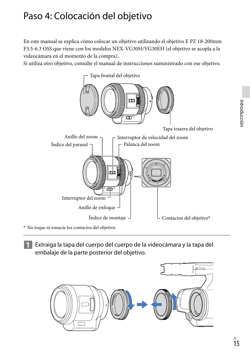 Paso 4: colocación del objetivo | Sony NEX-VG30H User Manual | Page 93 / 155