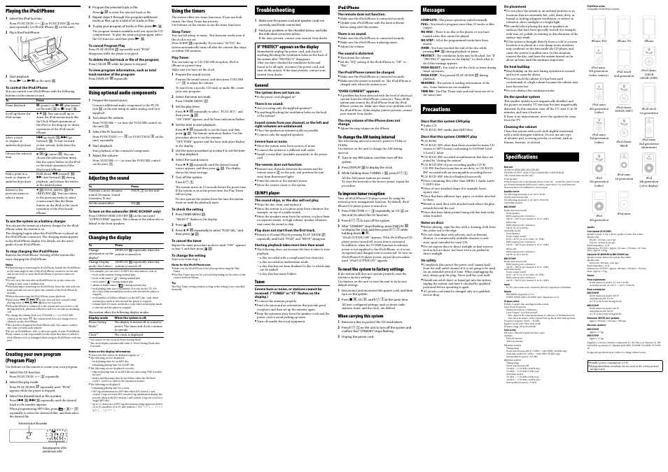 Messages, Precautions, Specifications | Troubleshooting | Sony MHC-EC909iP User Manual | Page 2 / 2