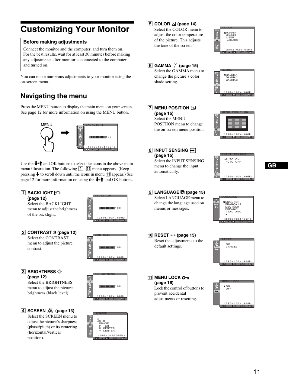 Customizing your monitor, Navigating the menu, Before making adjustments | Sony SDM-S94 User Manual | Page 11 / 23