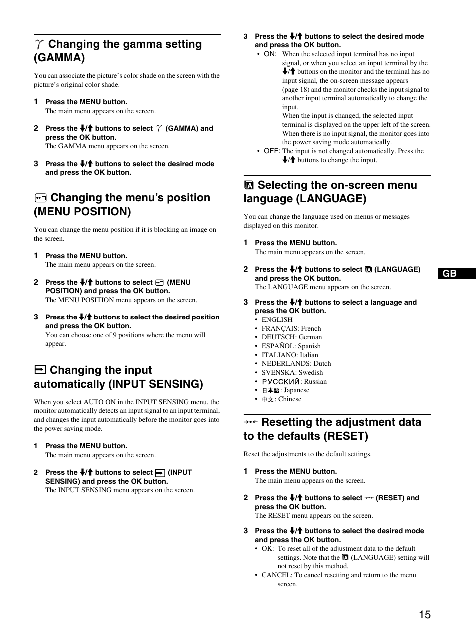 Changing the gamma setting (gamma), Changing the menu’s position (menu position), Changing the input automatically (input sensing) | Selecting the on-screen menu language (language), Uage | Sony SDM-S94 User Manual | Page 15 / 23