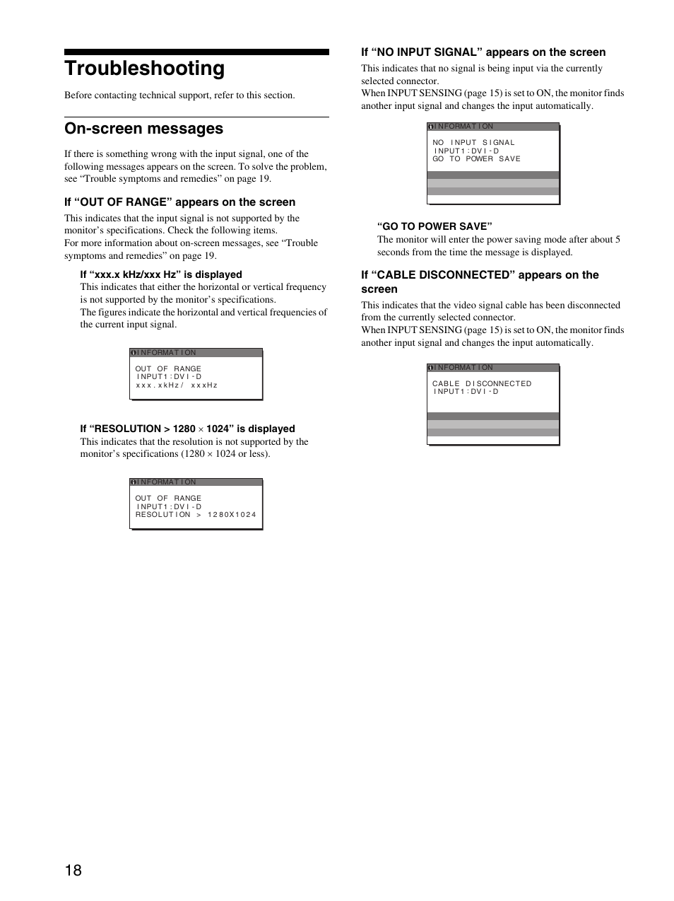 Troubleshooting, On-screen messages | Sony SDM-S94 User Manual | Page 18 / 23