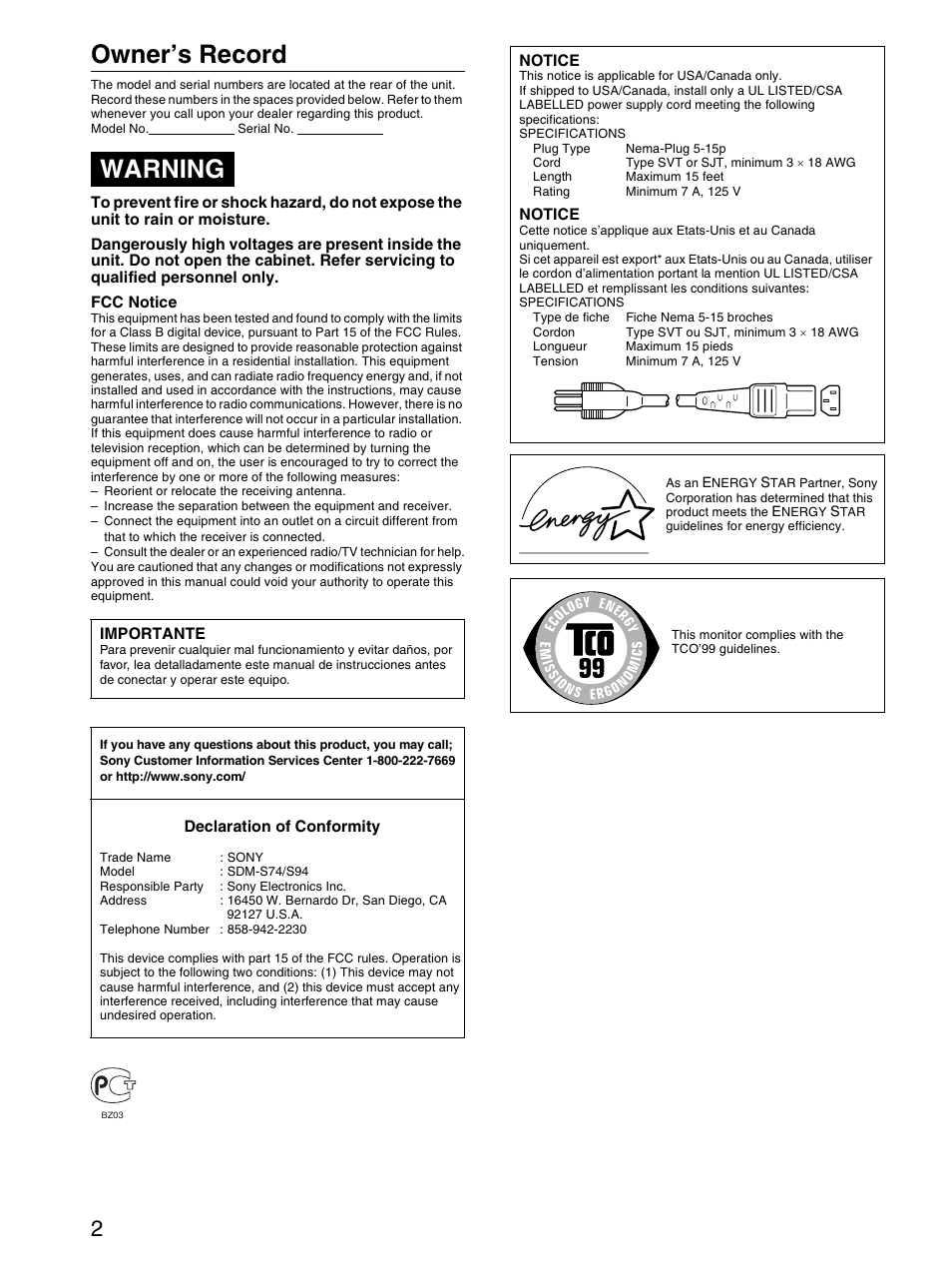 Owner’s record, Warning | Sony SDM-S94 User Manual | Page 2 / 23