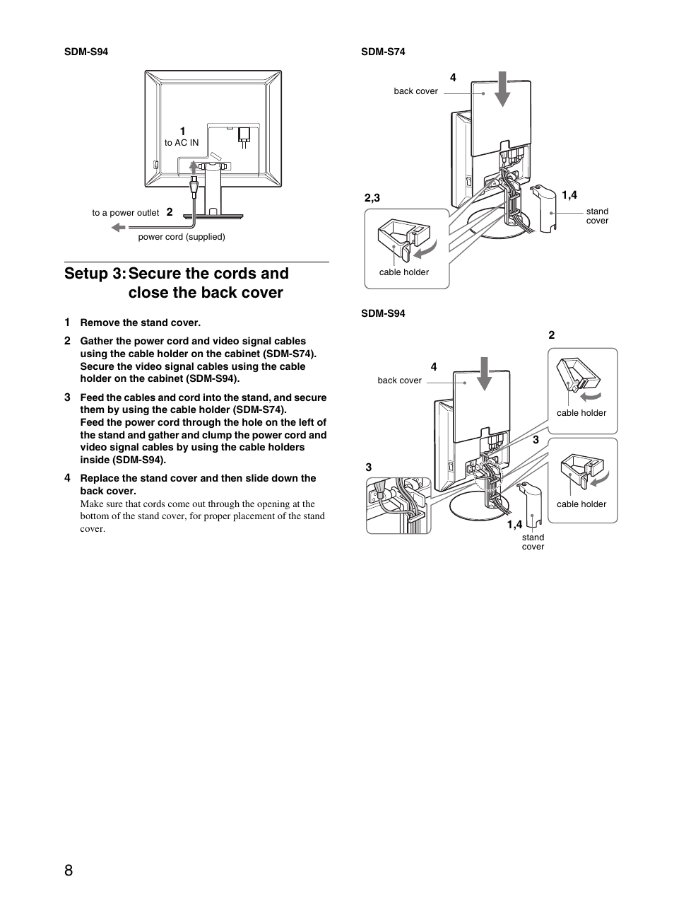 Setup 3: secure the cords and close the back cover | Sony SDM-S94 User Manual | Page 8 / 23