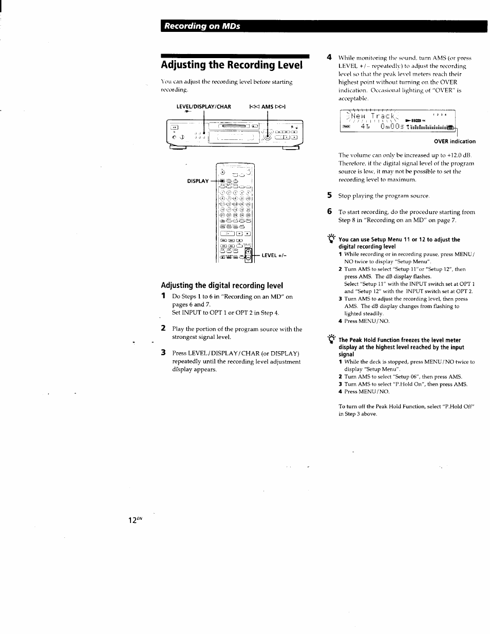 Adjusting the recording level, Adjusting the digital recording level, Recording on mds | Sony MDS-JE520 User Manual | Page 12 / 45