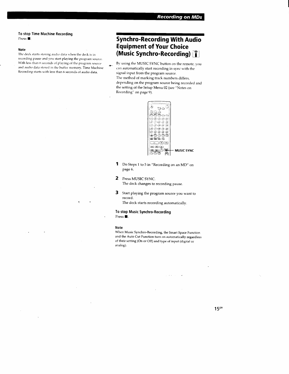 To stop time machine recording, To stop music synchro-recording, Time machine recording) | Music synchro-recording), Recording on mds | Sony MDS-JE520 User Manual | Page 15 / 45