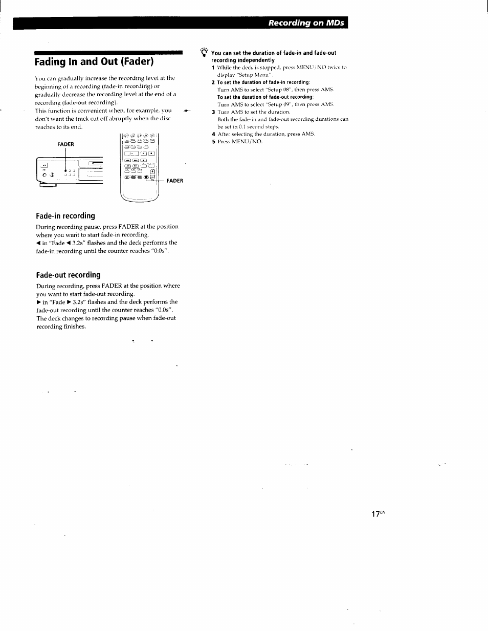 Fading in and out (fader), Fade-in recording, Fade-out recording | Recording on mds | Sony MDS-JE520 User Manual | Page 17 / 45