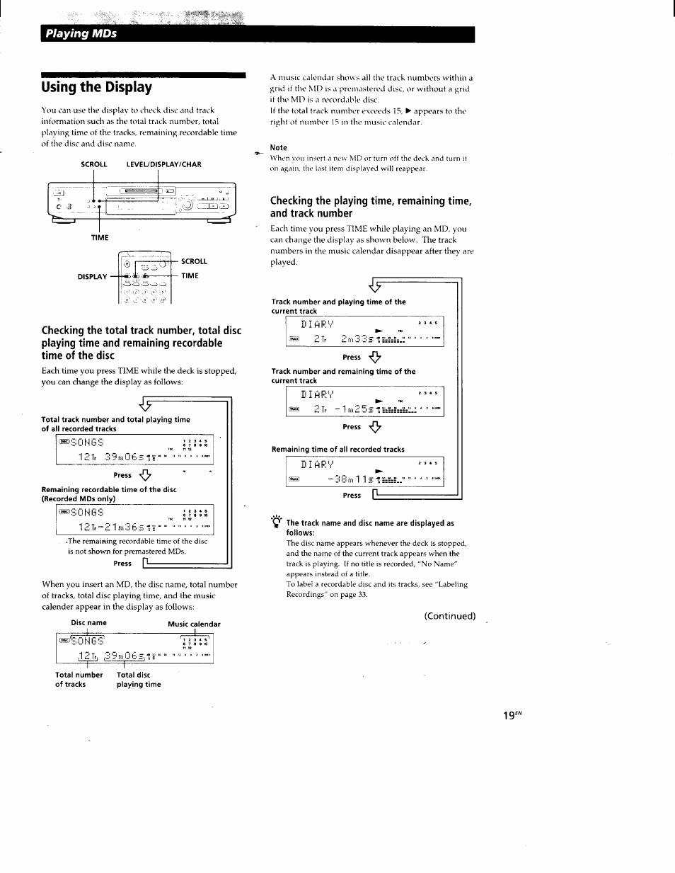 Using the display, Note, Continued) | Playing mds | Sony MDS-JE520 User Manual | Page 19 / 45