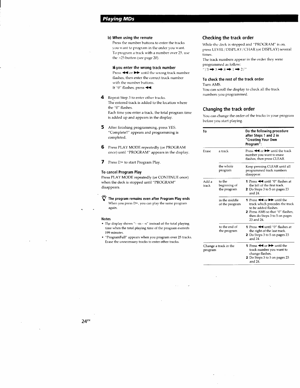 B) when using the remote, Li^ou enter the wrong track number, To cancel program play | Notes, Checking the track order, To check the rest of the track order, Changing the track order, Playing mds | Sony MDS-JE520 User Manual | Page 24 / 45