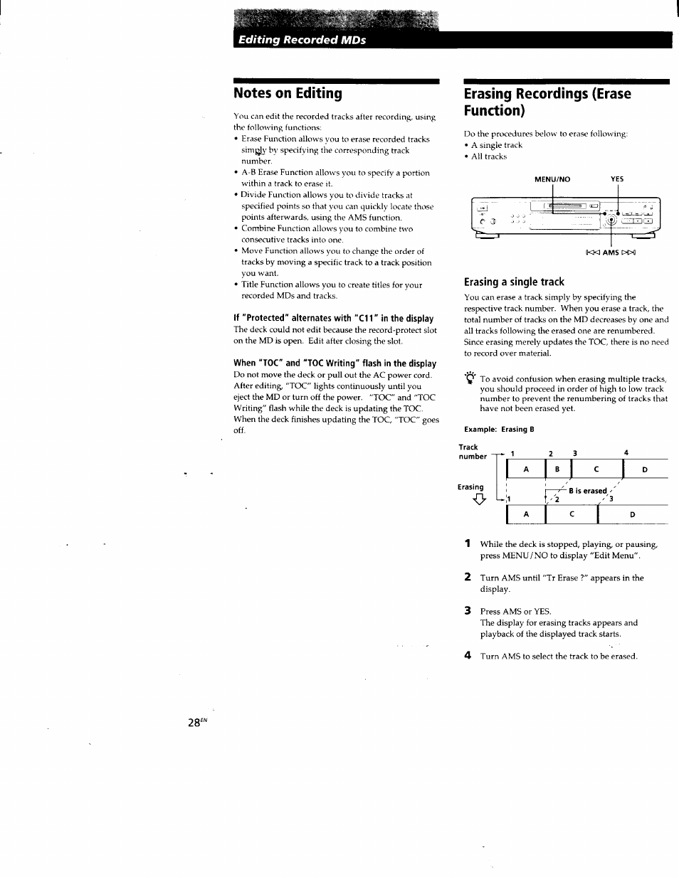 Notes on editing, When "toc" and "toc writing" flash in the display, Erasing recordings (erase function) | Erasing a single track, Editing recorded mds | Sony MDS-JE520 User Manual | Page 28 / 45