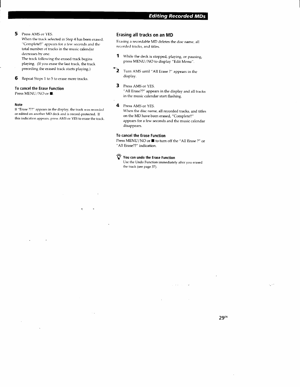 To cancel the erase function, Erasing all tracks on an md, Editing recorded mds | Sony MDS-JE520 User Manual | Page 29 / 45