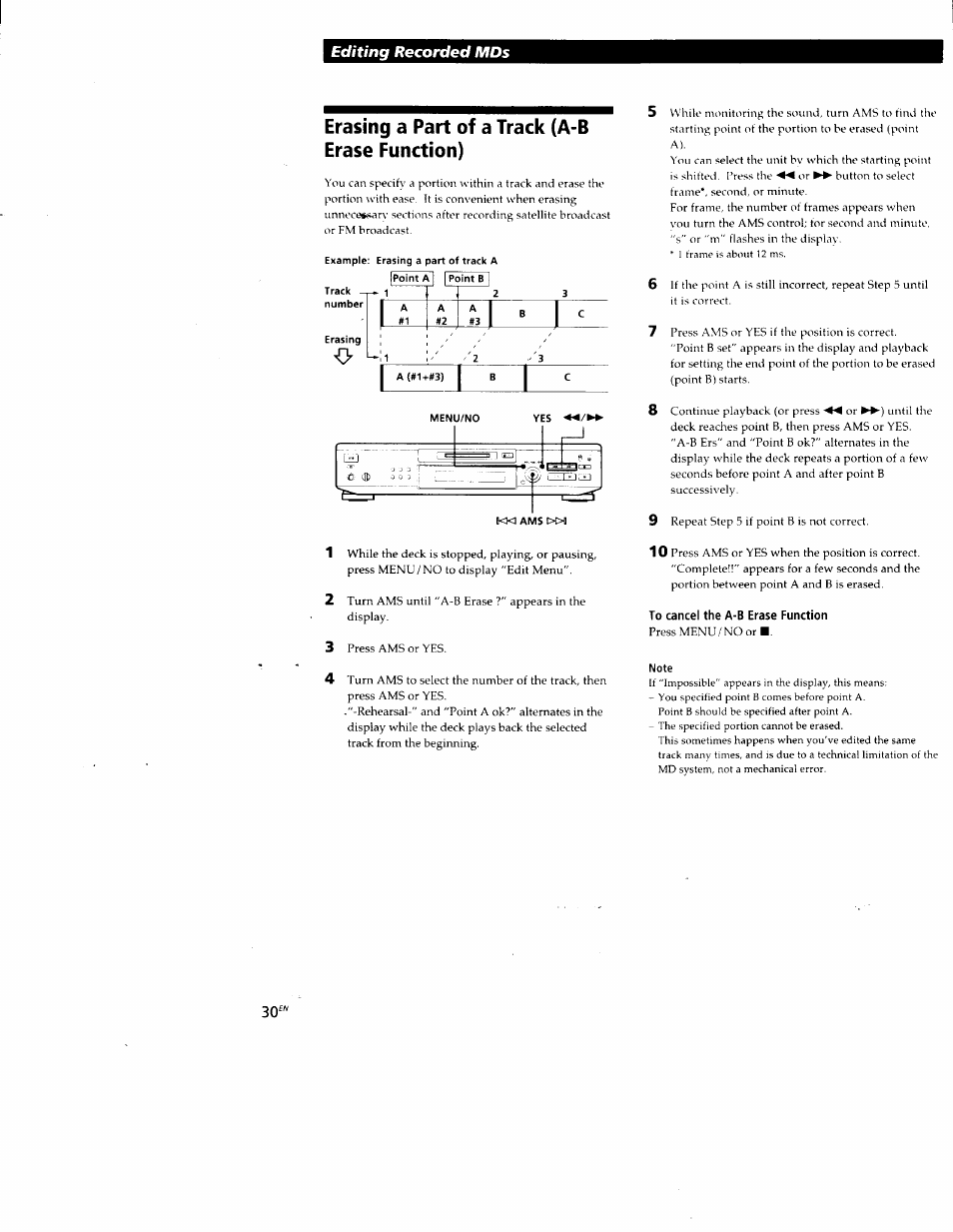 Erasing a part of a track (a-b erase function), To cancel the a-b erase function, Note | Editing recorded mds | Sony MDS-JE520 User Manual | Page 30 / 45