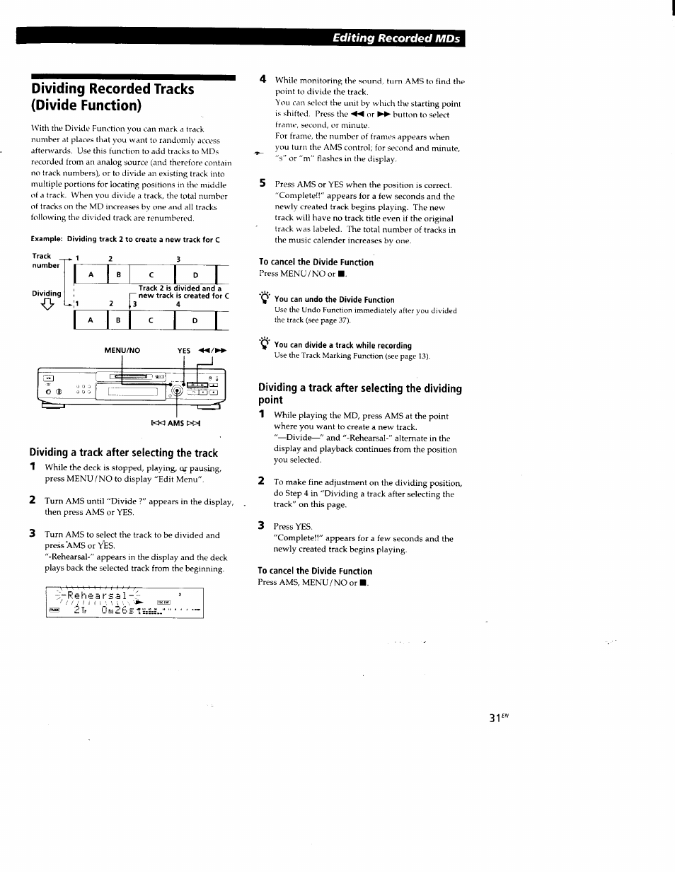 Dividing recorded tracks (divide function), Dividing a track after selecting the track, To cancel the divide function | Editing recorded mds | Sony MDS-JE520 User Manual | Page 31 / 45