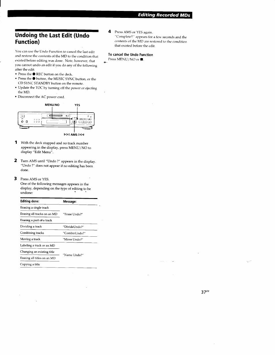 Undoing the last edit (undo function), To cancel the undo function, Editing recorded mds | Sony MDS-JE520 User Manual | Page 37 / 45