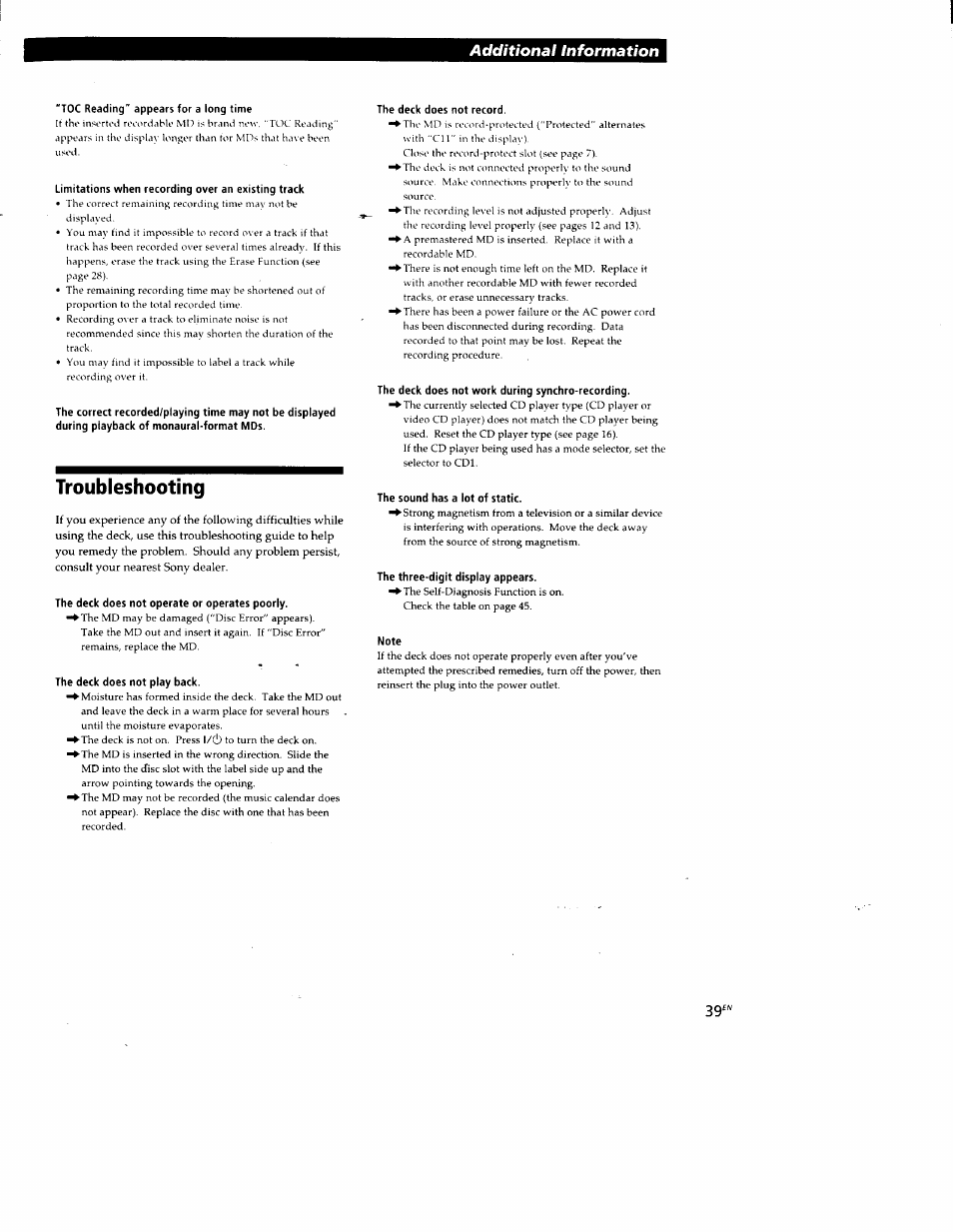 Toc reading“ appears for a long time, Limitations when recording over an existing track, Troubleshooting | The deck does not operate or operates poorly, The deck does not play back, The deck does not record, The deck does not work during synchro-recording, The sound has a lot of static, The three-digit display appears, Note | Sony MDS-JE520 User Manual | Page 39 / 45