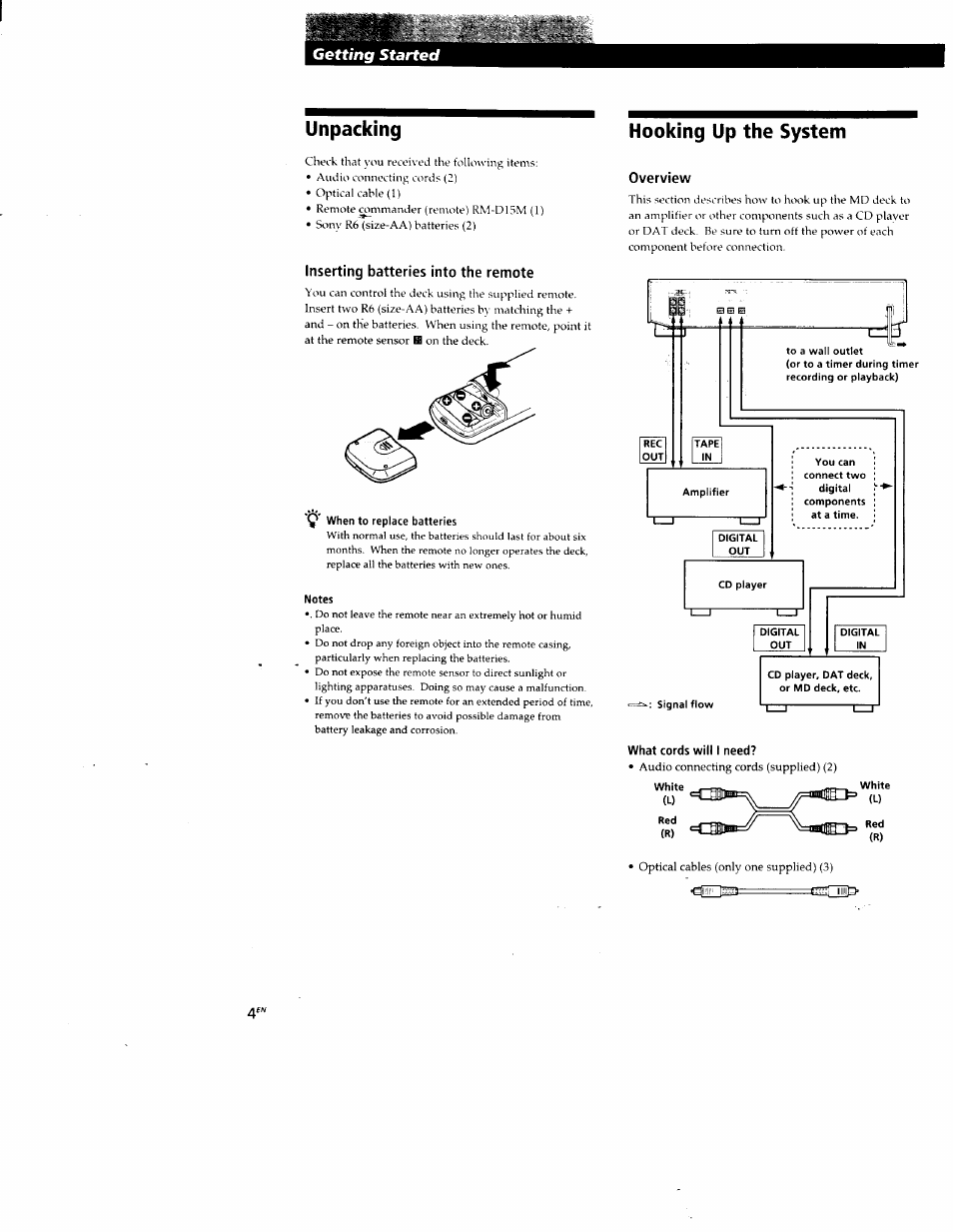 Inserting batteries into the remote, Notes, Hooking up the system | Overview, What cords will i need, Hooking up th^system, Unpacking, Getting started | Sony MDS-JE520 User Manual | Page 4 / 45