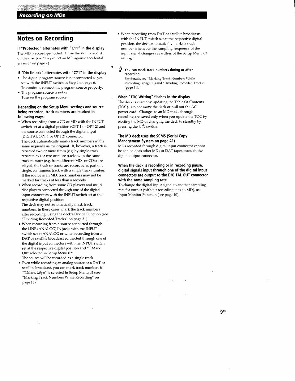 Notes on recording, Recording on mds | Sony MDS-JE520 User Manual | Page 9 / 45