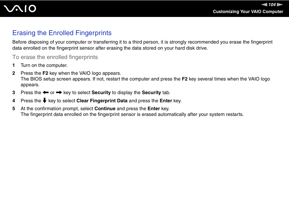 Erasing the enrolled fingerprints | Sony VGN-CR510E User Manual | Page 104 / 197