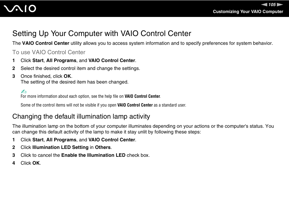 Setting up your computer with vaio control center, Changing the default illumination lamp activity | Sony VGN-CR510E User Manual | Page 105 / 197