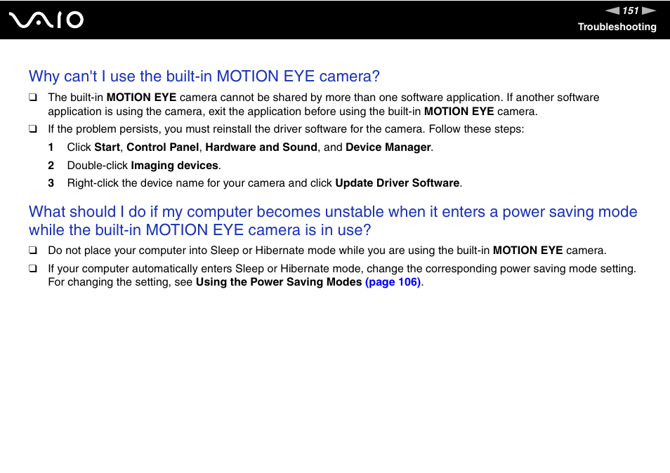 Why can't i use the built-in motion eye camera | Sony VGN-CR510E User Manual | Page 151 / 197