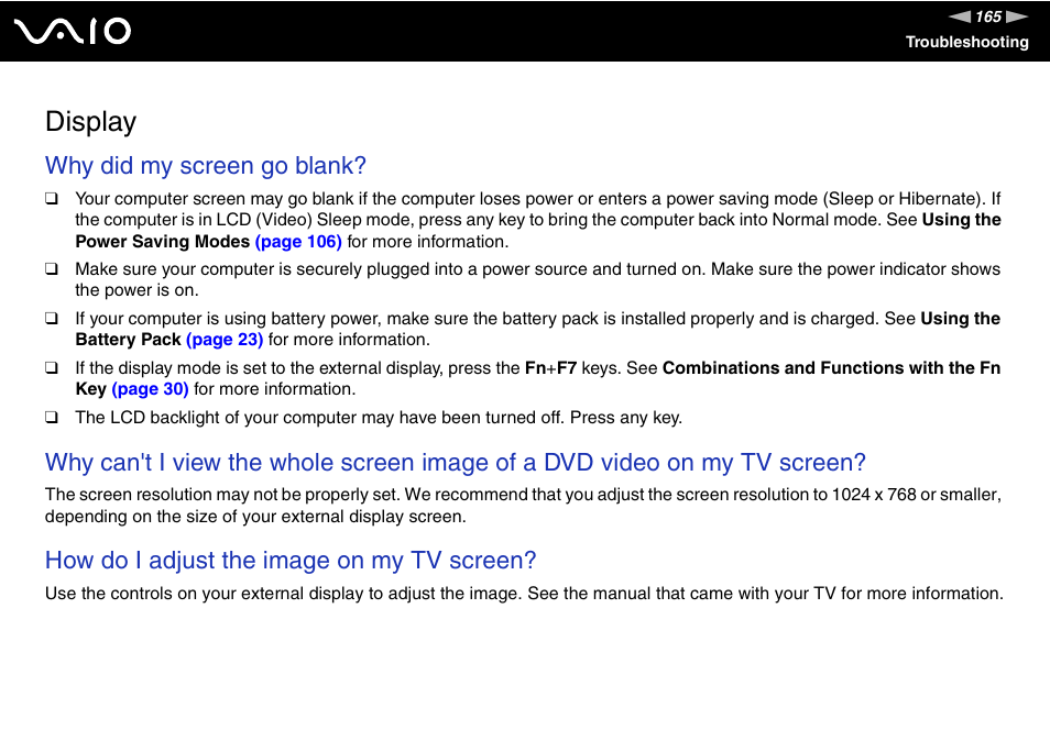 Display, Why did my screen go blank, How do i adjust the image on my tv screen | Sony VGN-CR510E User Manual | Page 165 / 197