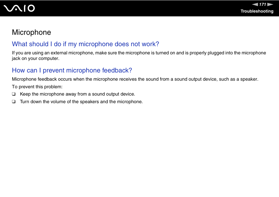 Microphone, What should i do if my microphone does not work, How can i prevent microphone feedback | Sony VGN-CR510E User Manual | Page 171 / 197