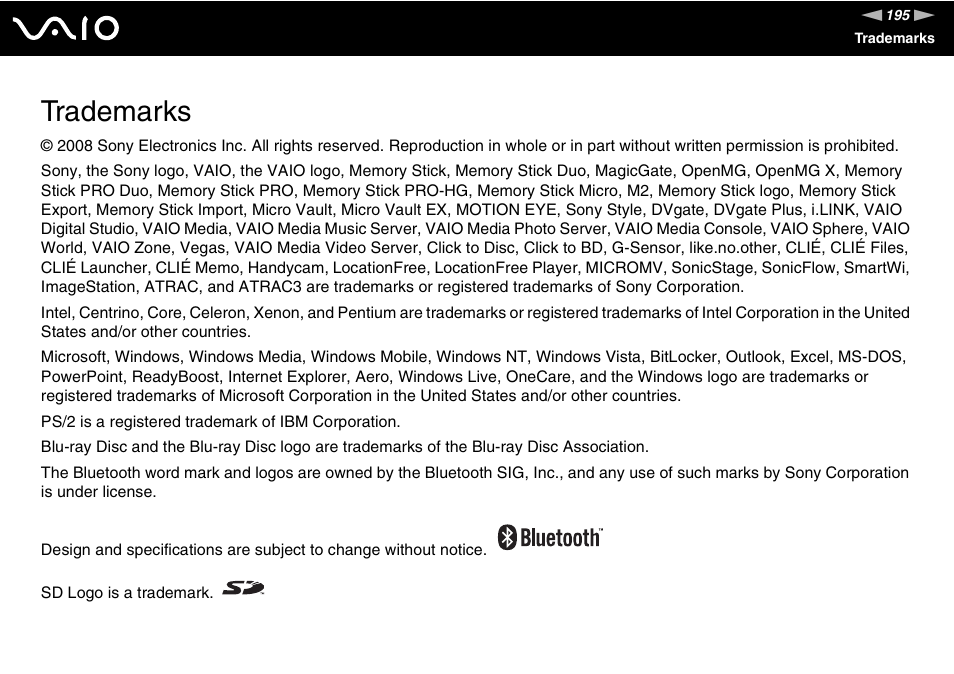 Trademarks | Sony VGN-CR510E User Manual | Page 195 / 197