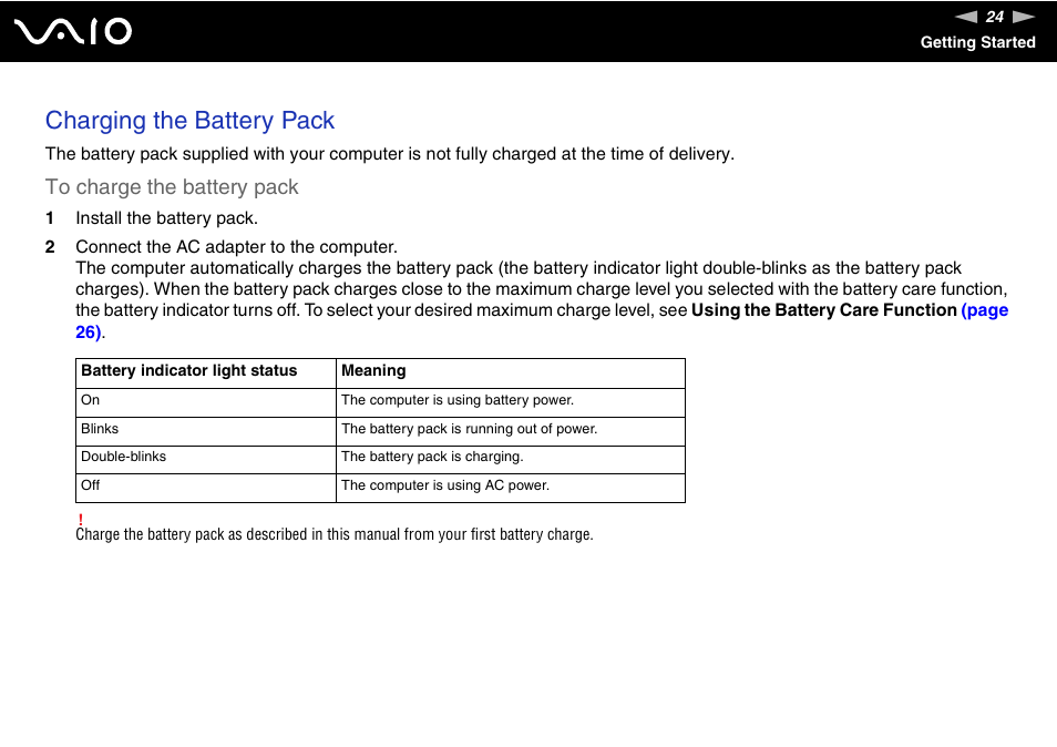 Charging the battery pack | Sony VGN-CR510E User Manual | Page 24 / 197