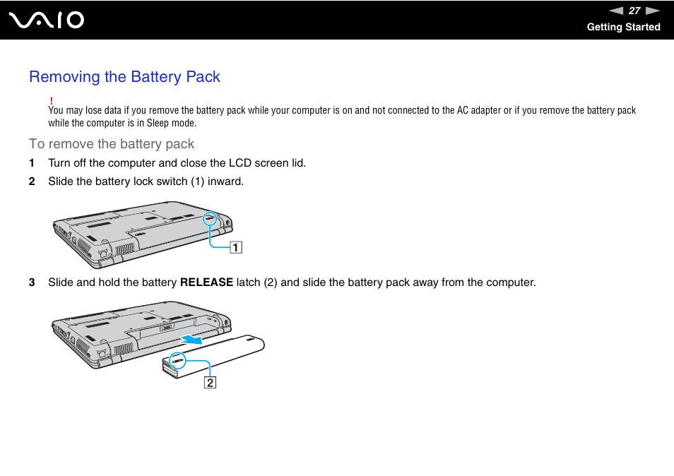 Removing the battery pack | Sony VGN-CR510E User Manual | Page 27 / 197