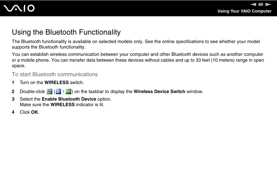 Using the bluetooth functionality | Sony VGN-CR510E User Manual | Page 66 / 197