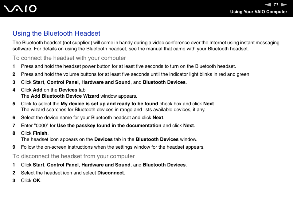 Using the bluetooth headset | Sony VGN-CR510E User Manual | Page 71 / 197