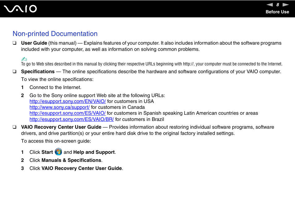 Non-printed documentation | Sony VGN-CR510E User Manual | Page 8 / 197