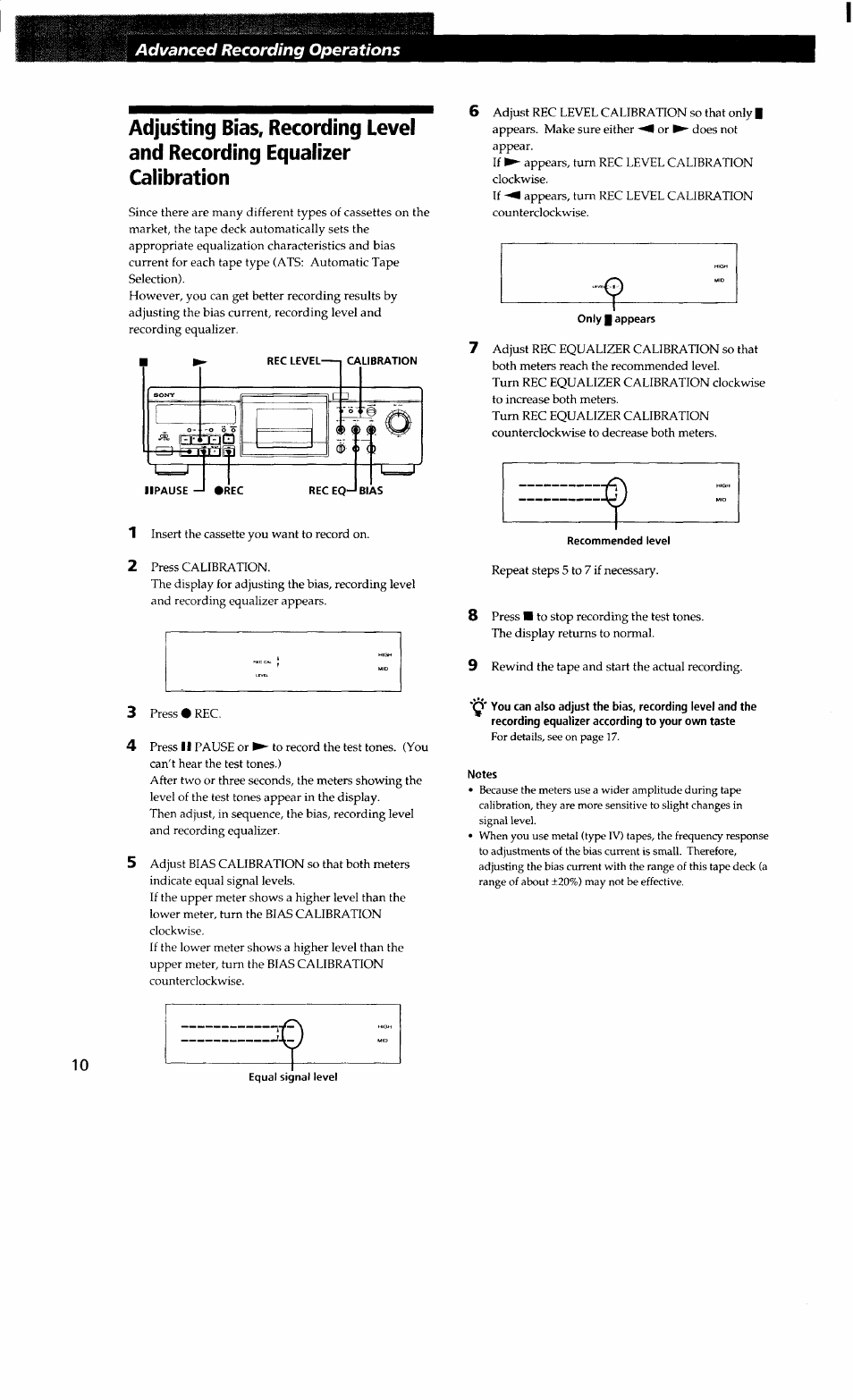 Notes, Advanced recording operations | Sony TC-KA3ES User Manual | Page 10 / 19
