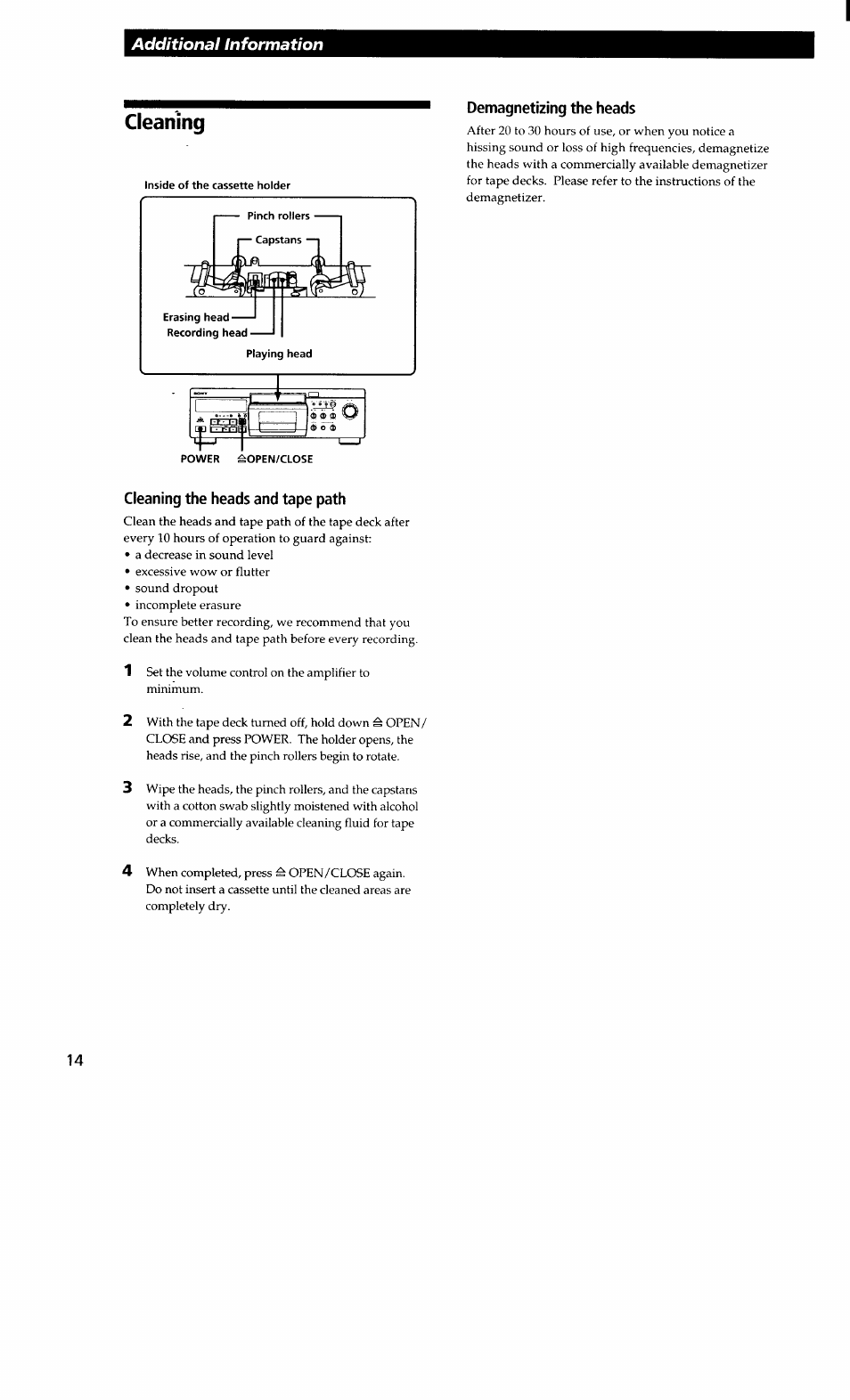 Cleaning, Demagnetizing the heads, Cleaning the heads and tape path | Sony TC-KA3ES User Manual | Page 14 / 19