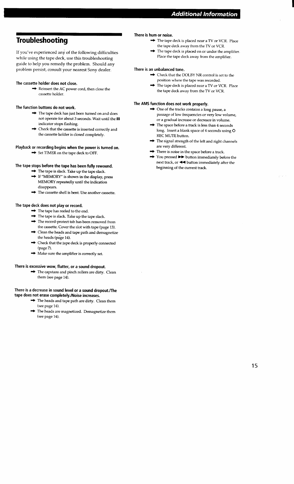 Troubleshooting, The cassette holder does not close, The function buttons do not work | There is hum or noise, There is an unbalanced tone, The ams function does not work properly, The tape deck does not play or record, Additional information | Sony TC-KA3ES User Manual | Page 15 / 19