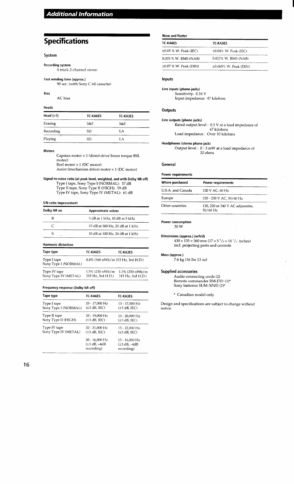 Specifications, System, Recording system | Fast winding time (approx.), Bias, Motors, Inputs, Line inputs (phono jacks), Outputs, Line outputs (phono jacks) | Sony TC-KA3ES User Manual | Page 16 / 19