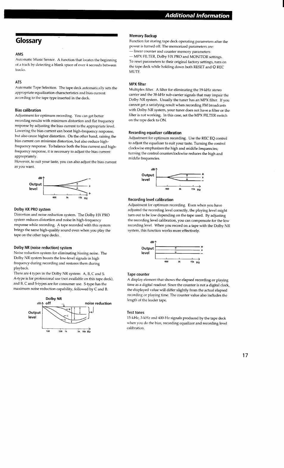 Glossary, Memory backup, Bias calibration | Output, Level, Dolby hx pro system, Dolby nr (noise reduction) system, Mpx filter, Recording equalizer calibration, Recording level calibration | Sony TC-KA3ES User Manual | Page 17 / 19