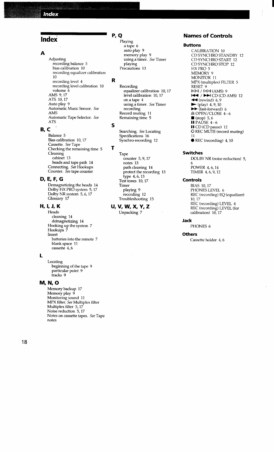 Index, D, e, f, g, H, i, j, k | U, v, w. x, y, z, Names of controls, M, n, o | Sony TC-KA3ES User Manual | Page 18 / 19