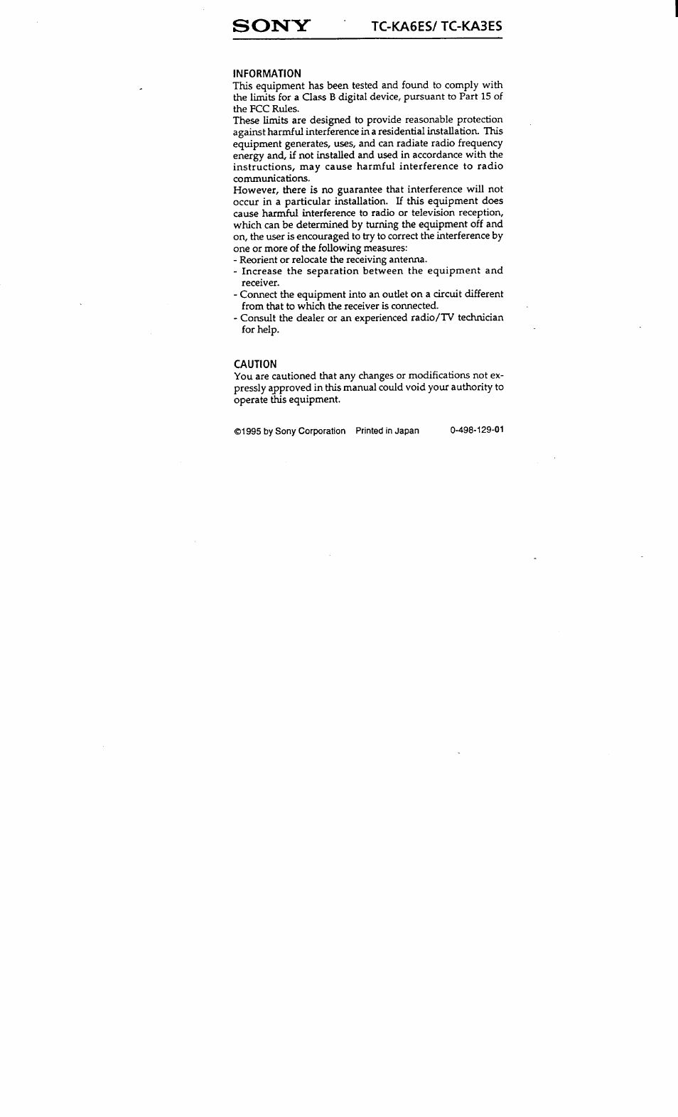 Tc-ka6es/ tg-ka3es, Information, Caution | Sony | Sony TC-KA3ES User Manual | Page 19 / 19