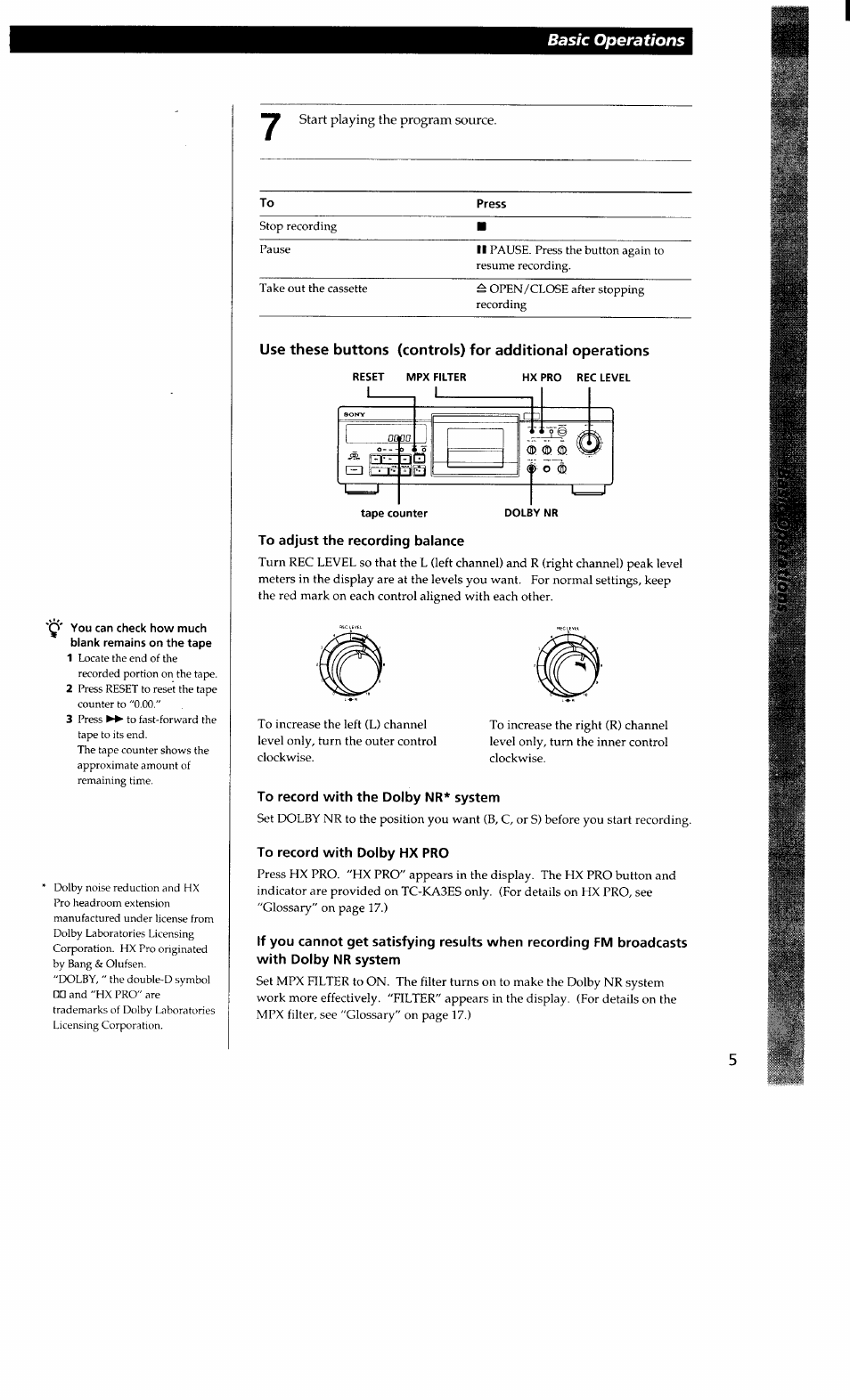 Reset mpx filter, Hx pro rec level, Tape counter dolby nr | To adjust the recording balance, To record with the dolby nr* system, To record with dolby hx pro, Basic operations | Sony TC-KA3ES User Manual | Page 5 / 19