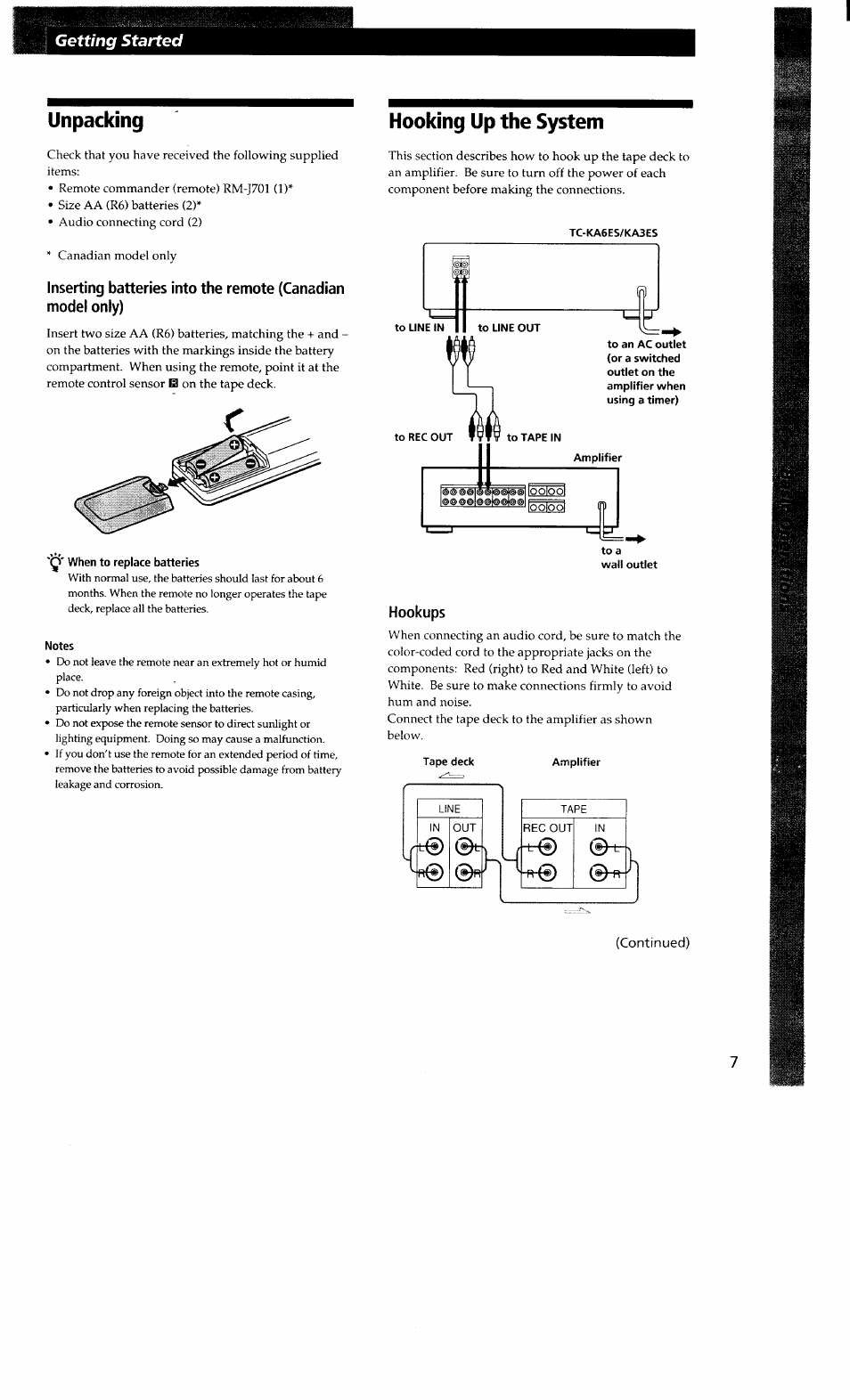 Unpacking, Hooking up the system, To a | Hookups, Tape deck, Getting started | Sony TC-KA3ES User Manual | Page 7 / 19