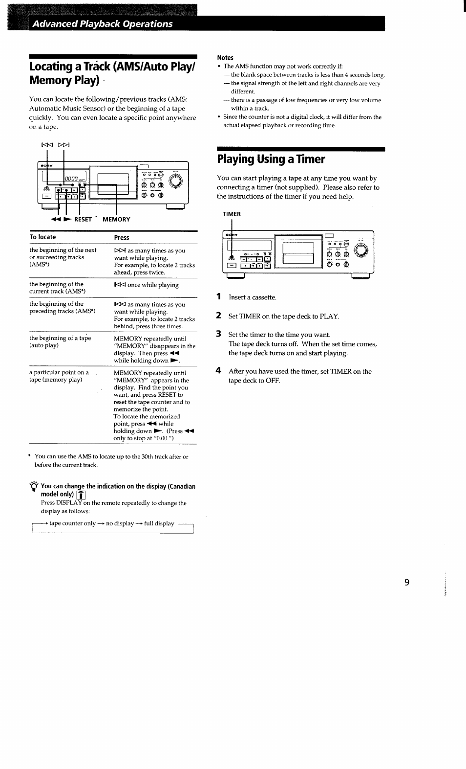 Locating a track (ams/auto play/ memory play), Notes, Playing using a timer | Advanced playback operations | Sony TC-KA3ES User Manual | Page 9 / 19