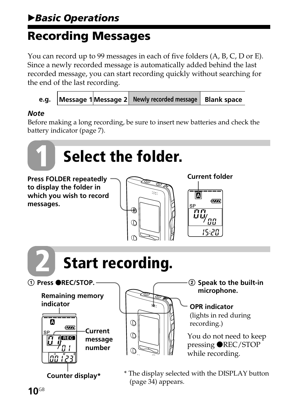 Basic operations, Recording messages, Select the folder | Start recording | Sony ICD-B25 User Manual | Page 10 / 48