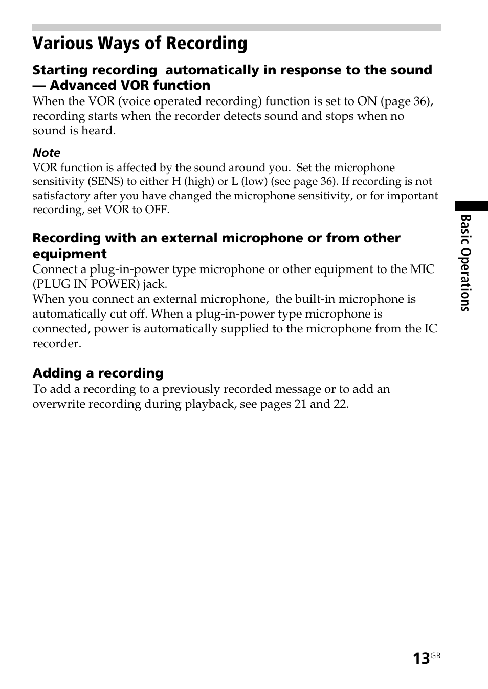 Various ways of recording | Sony ICD-B25 User Manual | Page 13 / 48