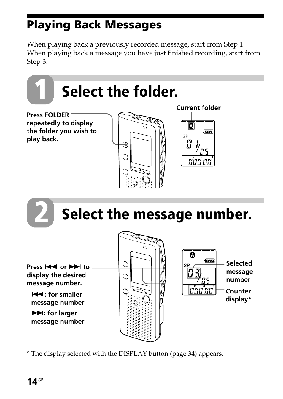 Playing back messages, Select the folder. select the message number | Sony ICD-B25 User Manual | Page 14 / 48