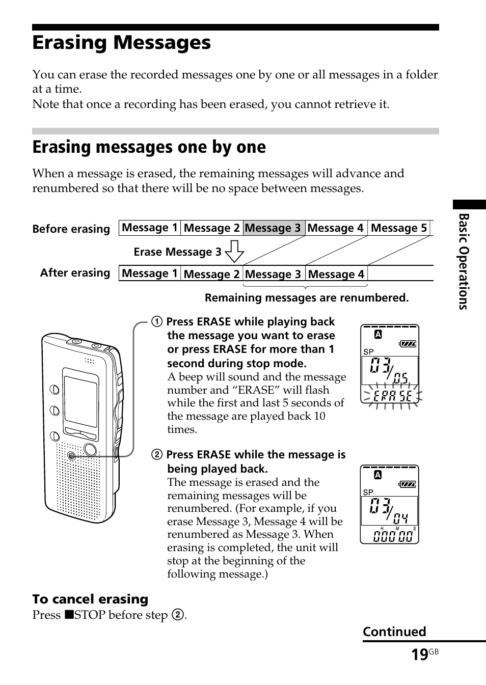 Erasing messages, Erasing messages one by one | Sony ICD-B25 User Manual | Page 19 / 48