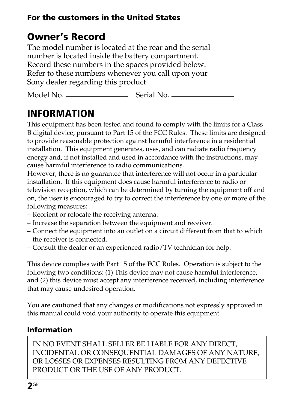 Information, Owner’s record | Sony ICD-B25 User Manual | Page 2 / 48