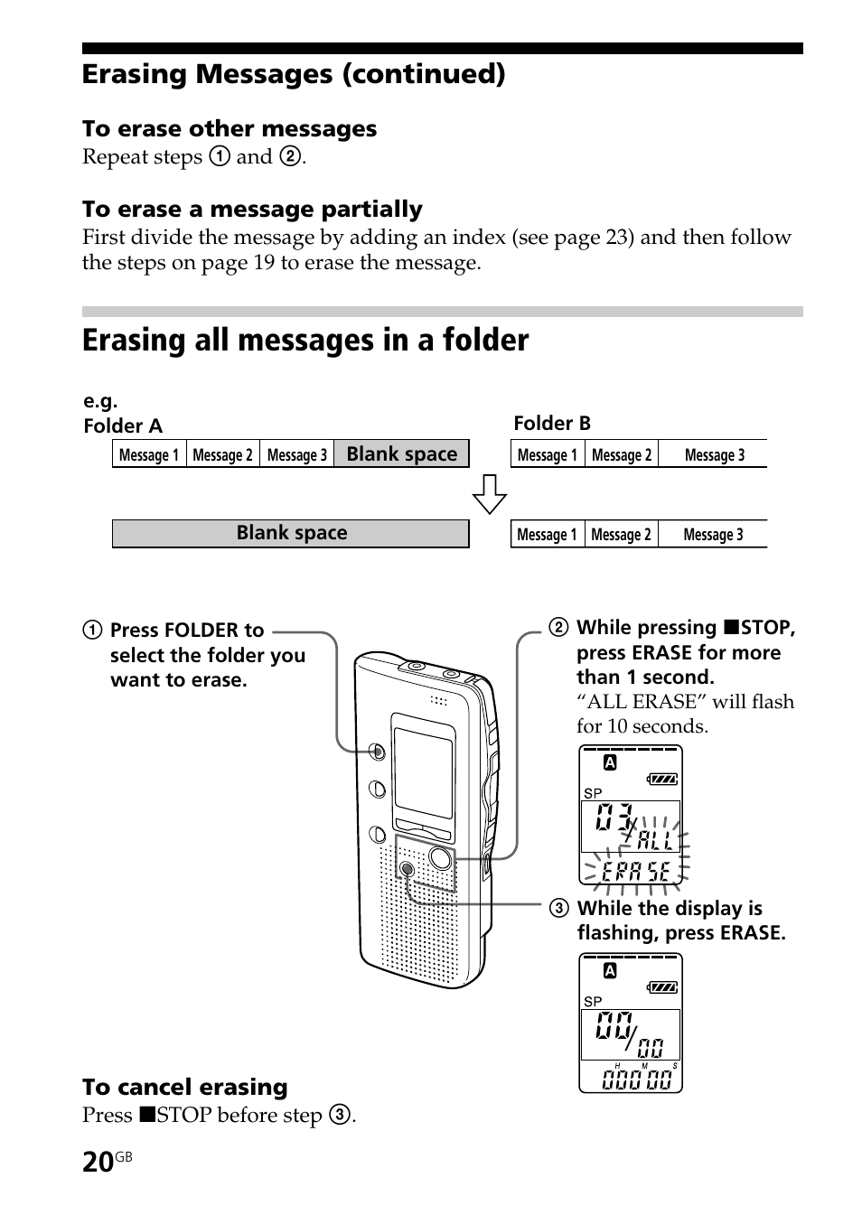 Erasing all messages in a folder, Erasing messages (continued) | Sony ICD-B25 User Manual | Page 20 / 48