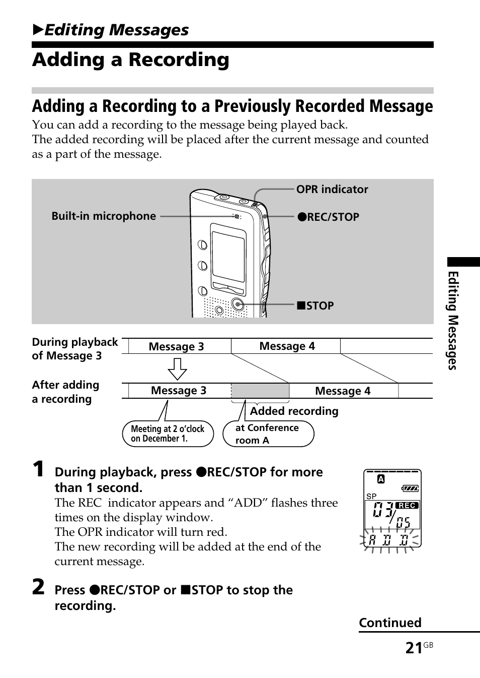 Editing messages, Adding a recording, Bediting messages | Sony ICD-B25 User Manual | Page 21 / 48