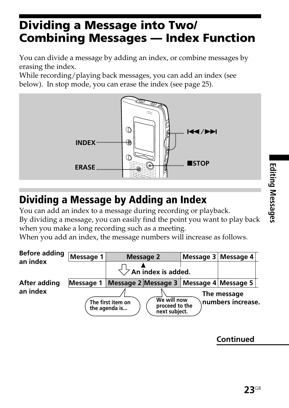 Dividing a message by adding an index | Sony ICD-B25 User Manual | Page 23 / 48